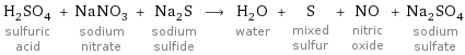 H_2SO_4 sulfuric acid + NaNO_3 sodium nitrate + Na_2S sodium sulfide ⟶ H_2O water + S mixed sulfur + NO nitric oxide + Na_2SO_4 sodium sulfate