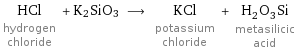 HCl hydrogen chloride + K2SiO3 ⟶ KCl potassium chloride + H_2O_3Si metasilicic acid