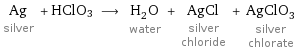 Ag silver + HClO3 ⟶ H_2O water + AgCl silver chloride + AgClO_3 silver chlorate