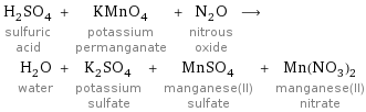 H_2SO_4 sulfuric acid + KMnO_4 potassium permanganate + N_2O nitrous oxide ⟶ H_2O water + K_2SO_4 potassium sulfate + MnSO_4 manganese(II) sulfate + Mn(NO_3)_2 manganese(II) nitrate