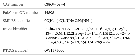 CAS number | 63869-03-4 PubChem CID number | 44898 SMILES identifier | CC[Hg+].C(#N)N=C(N)[NH-] InChI identifier | InChI=1/C2H3N4.C2H5.Hg/c3-1-6-2(4)5;1-2;/h(H3-, 4, 5, 6);1H2, 2H3;/q-1;;+1/f/h4H, 5H2;;/b6-2-;;/rC2H5Hg.C2H3N4/c1-2-3;3-1-6-2(4)5/h2H2, 1H3;(H3-, 4, 5, 6)/q+1;-1/f/h;4H, 5H2/b;6-2- RTECS number | OW1575000