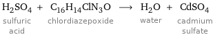 H_2SO_4 sulfuric acid + C_16H_14ClN_3O chlordiazepoxide ⟶ H_2O water + CdSO_4 cadmium sulfate