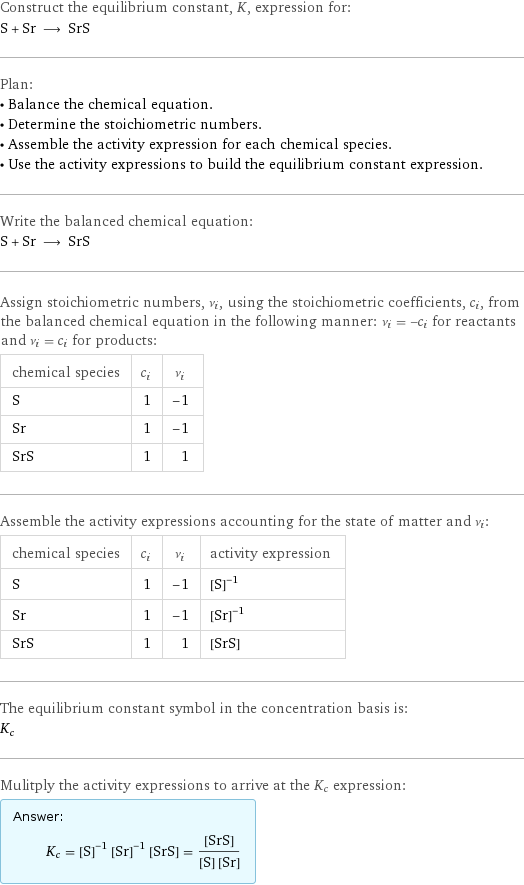 Construct the equilibrium constant, K, expression for: S + Sr ⟶ SrS Plan: • Balance the chemical equation. • Determine the stoichiometric numbers. • Assemble the activity expression for each chemical species. • Use the activity expressions to build the equilibrium constant expression. Write the balanced chemical equation: S + Sr ⟶ SrS Assign stoichiometric numbers, ν_i, using the stoichiometric coefficients, c_i, from the balanced chemical equation in the following manner: ν_i = -c_i for reactants and ν_i = c_i for products: chemical species | c_i | ν_i S | 1 | -1 Sr | 1 | -1 SrS | 1 | 1 Assemble the activity expressions accounting for the state of matter and ν_i: chemical species | c_i | ν_i | activity expression S | 1 | -1 | ([S])^(-1) Sr | 1 | -1 | ([Sr])^(-1) SrS | 1 | 1 | [SrS] The equilibrium constant symbol in the concentration basis is: K_c Mulitply the activity expressions to arrive at the K_c expression: Answer: |   | K_c = ([S])^(-1) ([Sr])^(-1) [SrS] = ([SrS])/([S] [Sr])