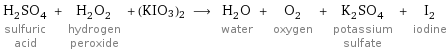 H_2SO_4 sulfuric acid + H_2O_2 hydrogen peroxide + (KIO3)2 ⟶ H_2O water + O_2 oxygen + K_2SO_4 potassium sulfate + I_2 iodine