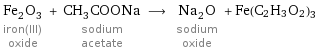 Fe_2O_3 iron(III) oxide + CH_3COONa sodium acetate ⟶ Na_2O sodium oxide + Fe(C2H3O2)3