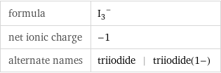 formula | (I_3)^- net ionic charge | -1 alternate names | triiodide | triiodide(1-)