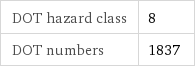 DOT hazard class | 8 DOT numbers | 1837