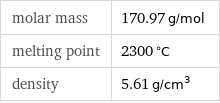 molar mass | 170.97 g/mol melting point | 2300 °C density | 5.61 g/cm^3