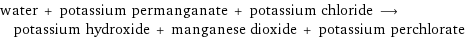 water + potassium permanganate + potassium chloride ⟶ potassium hydroxide + manganese dioxide + potassium perchlorate