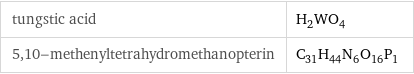 tungstic acid | H_2WO_4 5, 10-methenyltetrahydromethanopterin | C_31H_44N_6O_16P_1