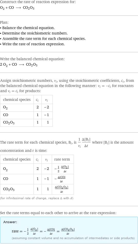 Construct the rate of reaction expression for: O_2 + CO ⟶ CO2O3 Plan: • Balance the chemical equation. • Determine the stoichiometric numbers. • Assemble the rate term for each chemical species. • Write the rate of reaction expression. Write the balanced chemical equation: 2 O_2 + CO ⟶ CO2O3 Assign stoichiometric numbers, ν_i, using the stoichiometric coefficients, c_i, from the balanced chemical equation in the following manner: ν_i = -c_i for reactants and ν_i = c_i for products: chemical species | c_i | ν_i O_2 | 2 | -2 CO | 1 | -1 CO2O3 | 1 | 1 The rate term for each chemical species, B_i, is 1/ν_i(Δ[B_i])/(Δt) where [B_i] is the amount concentration and t is time: chemical species | c_i | ν_i | rate term O_2 | 2 | -2 | -1/2 (Δ[O2])/(Δt) CO | 1 | -1 | -(Δ[CO])/(Δt) CO2O3 | 1 | 1 | (Δ[CO2O3])/(Δt) (for infinitesimal rate of change, replace Δ with d) Set the rate terms equal to each other to arrive at the rate expression: Answer: |   | rate = -1/2 (Δ[O2])/(Δt) = -(Δ[CO])/(Δt) = (Δ[CO2O3])/(Δt) (assuming constant volume and no accumulation of intermediates or side products)