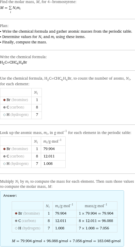 Find the molar mass, M, for 4-bromostyrene: M = sum _iN_im_i Plan: • Write the chemical formula and gather atomic masses from the periodic table. • Determine values for N_i and m_i using these items. • Finally, compute the mass. Write the chemical formula: H_2C=CHC_6H_4Br Use the chemical formula, H_2C=CHC_6H_4Br, to count the number of atoms, N_i, for each element:  | N_i  Br (bromine) | 1  C (carbon) | 8  H (hydrogen) | 7 Look up the atomic mass, m_i, in g·mol^(-1) for each element in the periodic table:  | N_i | m_i/g·mol^(-1)  Br (bromine) | 1 | 79.904  C (carbon) | 8 | 12.011  H (hydrogen) | 7 | 1.008 Multiply N_i by m_i to compute the mass for each element. Then sum those values to compute the molar mass, M: Answer: |   | | N_i | m_i/g·mol^(-1) | mass/g·mol^(-1)  Br (bromine) | 1 | 79.904 | 1 × 79.904 = 79.904  C (carbon) | 8 | 12.011 | 8 × 12.011 = 96.088  H (hydrogen) | 7 | 1.008 | 7 × 1.008 = 7.056  M = 79.904 g/mol + 96.088 g/mol + 7.056 g/mol = 183.048 g/mol