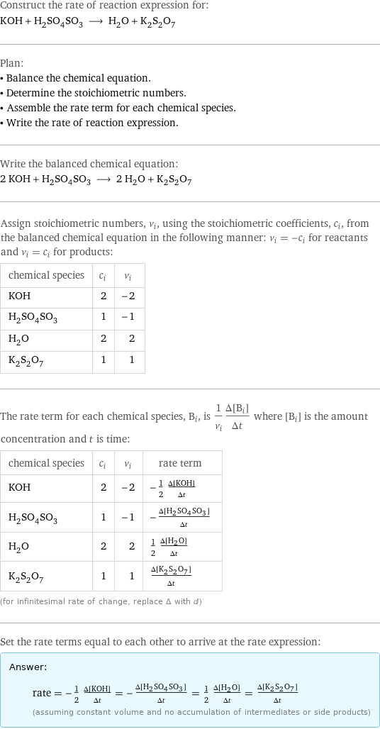 Construct the rate of reaction expression for: KOH + H_2SO_4SO_3 ⟶ H_2O + K_2S_2O_7 Plan: • Balance the chemical equation. • Determine the stoichiometric numbers. • Assemble the rate term for each chemical species. • Write the rate of reaction expression. Write the balanced chemical equation: 2 KOH + H_2SO_4SO_3 ⟶ 2 H_2O + K_2S_2O_7 Assign stoichiometric numbers, ν_i, using the stoichiometric coefficients, c_i, from the balanced chemical equation in the following manner: ν_i = -c_i for reactants and ν_i = c_i for products: chemical species | c_i | ν_i KOH | 2 | -2 H_2SO_4SO_3 | 1 | -1 H_2O | 2 | 2 K_2S_2O_7 | 1 | 1 The rate term for each chemical species, B_i, is 1/ν_i(Δ[B_i])/(Δt) where [B_i] is the amount concentration and t is time: chemical species | c_i | ν_i | rate term KOH | 2 | -2 | -1/2 (Δ[KOH])/(Δt) H_2SO_4SO_3 | 1 | -1 | -(Δ[H2SO4SO3])/(Δt) H_2O | 2 | 2 | 1/2 (Δ[H2O])/(Δt) K_2S_2O_7 | 1 | 1 | (Δ[K2S2O7])/(Δt) (for infinitesimal rate of change, replace Δ with d) Set the rate terms equal to each other to arrive at the rate expression: Answer: |   | rate = -1/2 (Δ[KOH])/(Δt) = -(Δ[H2SO4SO3])/(Δt) = 1/2 (Δ[H2O])/(Δt) = (Δ[K2S2O7])/(Δt) (assuming constant volume and no accumulation of intermediates or side products)