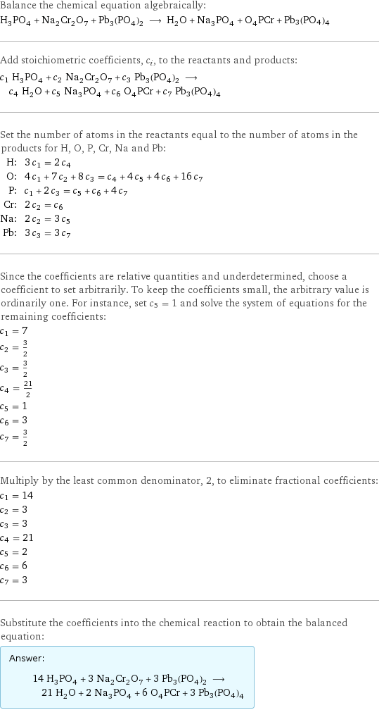 Balance the chemical equation algebraically: H_3PO_4 + Na_2Cr_2O_7 + Pb_3(PO_4)_2 ⟶ H_2O + Na_3PO_4 + O_4PCr + Pb3(PO4)4 Add stoichiometric coefficients, c_i, to the reactants and products: c_1 H_3PO_4 + c_2 Na_2Cr_2O_7 + c_3 Pb_3(PO_4)_2 ⟶ c_4 H_2O + c_5 Na_3PO_4 + c_6 O_4PCr + c_7 Pb3(PO4)4 Set the number of atoms in the reactants equal to the number of atoms in the products for H, O, P, Cr, Na and Pb: H: | 3 c_1 = 2 c_4 O: | 4 c_1 + 7 c_2 + 8 c_3 = c_4 + 4 c_5 + 4 c_6 + 16 c_7 P: | c_1 + 2 c_3 = c_5 + c_6 + 4 c_7 Cr: | 2 c_2 = c_6 Na: | 2 c_2 = 3 c_5 Pb: | 3 c_3 = 3 c_7 Since the coefficients are relative quantities and underdetermined, choose a coefficient to set arbitrarily. To keep the coefficients small, the arbitrary value is ordinarily one. For instance, set c_5 = 1 and solve the system of equations for the remaining coefficients: c_1 = 7 c_2 = 3/2 c_3 = 3/2 c_4 = 21/2 c_5 = 1 c_6 = 3 c_7 = 3/2 Multiply by the least common denominator, 2, to eliminate fractional coefficients: c_1 = 14 c_2 = 3 c_3 = 3 c_4 = 21 c_5 = 2 c_6 = 6 c_7 = 3 Substitute the coefficients into the chemical reaction to obtain the balanced equation: Answer: |   | 14 H_3PO_4 + 3 Na_2Cr_2O_7 + 3 Pb_3(PO_4)_2 ⟶ 21 H_2O + 2 Na_3PO_4 + 6 O_4PCr + 3 Pb3(PO4)4