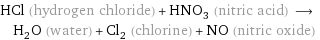 HCl (hydrogen chloride) + HNO_3 (nitric acid) ⟶ H_2O (water) + Cl_2 (chlorine) + NO (nitric oxide)