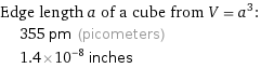 Edge length a of a cube from V = a^3:  | 355 pm (picometers)  | 1.4×10^-8 inches