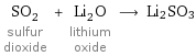 SO_2 sulfur dioxide + Li_2O lithium oxide ⟶ Li2SO3