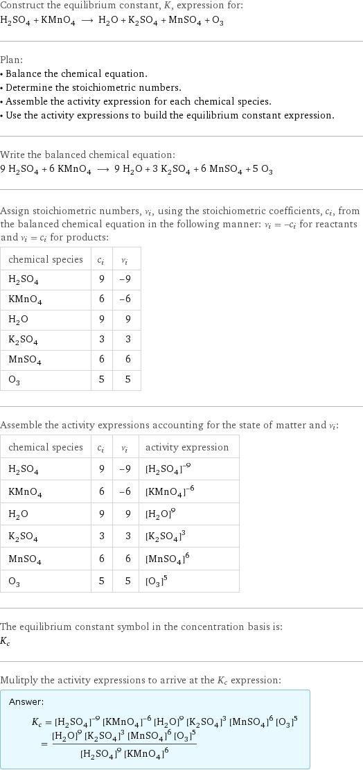 Construct the equilibrium constant, K, expression for: H_2SO_4 + KMnO_4 ⟶ H_2O + K_2SO_4 + MnSO_4 + O_3 Plan: • Balance the chemical equation. • Determine the stoichiometric numbers. • Assemble the activity expression for each chemical species. • Use the activity expressions to build the equilibrium constant expression. Write the balanced chemical equation: 9 H_2SO_4 + 6 KMnO_4 ⟶ 9 H_2O + 3 K_2SO_4 + 6 MnSO_4 + 5 O_3 Assign stoichiometric numbers, ν_i, using the stoichiometric coefficients, c_i, from the balanced chemical equation in the following manner: ν_i = -c_i for reactants and ν_i = c_i for products: chemical species | c_i | ν_i H_2SO_4 | 9 | -9 KMnO_4 | 6 | -6 H_2O | 9 | 9 K_2SO_4 | 3 | 3 MnSO_4 | 6 | 6 O_3 | 5 | 5 Assemble the activity expressions accounting for the state of matter and ν_i: chemical species | c_i | ν_i | activity expression H_2SO_4 | 9 | -9 | ([H2SO4])^(-9) KMnO_4 | 6 | -6 | ([KMnO4])^(-6) H_2O | 9 | 9 | ([H2O])^9 K_2SO_4 | 3 | 3 | ([K2SO4])^3 MnSO_4 | 6 | 6 | ([MnSO4])^6 O_3 | 5 | 5 | ([O3])^5 The equilibrium constant symbol in the concentration basis is: K_c Mulitply the activity expressions to arrive at the K_c expression: Answer: |   | K_c = ([H2SO4])^(-9) ([KMnO4])^(-6) ([H2O])^9 ([K2SO4])^3 ([MnSO4])^6 ([O3])^5 = (([H2O])^9 ([K2SO4])^3 ([MnSO4])^6 ([O3])^5)/(([H2SO4])^9 ([KMnO4])^6)