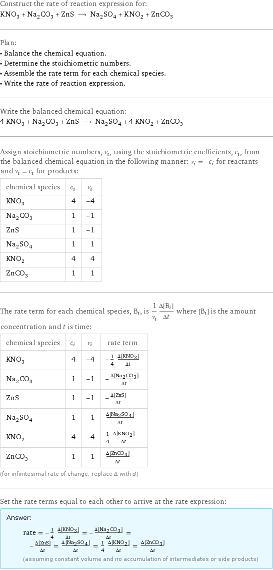 Construct the rate of reaction expression for: KNO_3 + Na_2CO_3 + ZnS ⟶ Na_2SO_4 + KNO_2 + ZnCO_3 Plan: • Balance the chemical equation. • Determine the stoichiometric numbers. • Assemble the rate term for each chemical species. • Write the rate of reaction expression. Write the balanced chemical equation: 4 KNO_3 + Na_2CO_3 + ZnS ⟶ Na_2SO_4 + 4 KNO_2 + ZnCO_3 Assign stoichiometric numbers, ν_i, using the stoichiometric coefficients, c_i, from the balanced chemical equation in the following manner: ν_i = -c_i for reactants and ν_i = c_i for products: chemical species | c_i | ν_i KNO_3 | 4 | -4 Na_2CO_3 | 1 | -1 ZnS | 1 | -1 Na_2SO_4 | 1 | 1 KNO_2 | 4 | 4 ZnCO_3 | 1 | 1 The rate term for each chemical species, B_i, is 1/ν_i(Δ[B_i])/(Δt) where [B_i] is the amount concentration and t is time: chemical species | c_i | ν_i | rate term KNO_3 | 4 | -4 | -1/4 (Δ[KNO3])/(Δt) Na_2CO_3 | 1 | -1 | -(Δ[Na2CO3])/(Δt) ZnS | 1 | -1 | -(Δ[ZnS])/(Δt) Na_2SO_4 | 1 | 1 | (Δ[Na2SO4])/(Δt) KNO_2 | 4 | 4 | 1/4 (Δ[KNO2])/(Δt) ZnCO_3 | 1 | 1 | (Δ[ZnCO3])/(Δt) (for infinitesimal rate of change, replace Δ with d) Set the rate terms equal to each other to arrive at the rate expression: Answer: |   | rate = -1/4 (Δ[KNO3])/(Δt) = -(Δ[Na2CO3])/(Δt) = -(Δ[ZnS])/(Δt) = (Δ[Na2SO4])/(Δt) = 1/4 (Δ[KNO2])/(Δt) = (Δ[ZnCO3])/(Δt) (assuming constant volume and no accumulation of intermediates or side products)