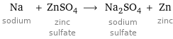 Na sodium + ZnSO_4 zinc sulfate ⟶ Na_2SO_4 sodium sulfate + Zn zinc