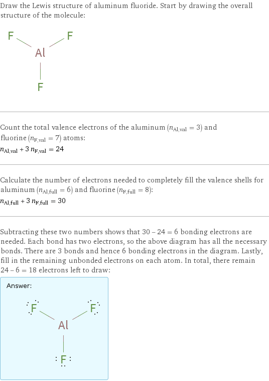 Draw the Lewis structure of aluminum fluoride. Start by drawing the overall structure of the molecule:  Count the total valence electrons of the aluminum (n_Al, val = 3) and fluorine (n_F, val = 7) atoms: n_Al, val + 3 n_F, val = 24 Calculate the number of electrons needed to completely fill the valence shells for aluminum (n_Al, full = 6) and fluorine (n_F, full = 8): n_Al, full + 3 n_F, full = 30 Subtracting these two numbers shows that 30 - 24 = 6 bonding electrons are needed. Each bond has two electrons, so the above diagram has all the necessary bonds. There are 3 bonds and hence 6 bonding electrons in the diagram. Lastly, fill in the remaining unbonded electrons on each atom. In total, there remain 24 - 6 = 18 electrons left to draw: Answer: |   | 