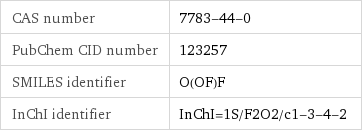 CAS number | 7783-44-0 PubChem CID number | 123257 SMILES identifier | O(OF)F InChI identifier | InChI=1S/F2O2/c1-3-4-2