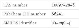 CAS number | 10097-28-6 PubChem CID number | 66241 SMILES identifier | [O+]#[Si-]