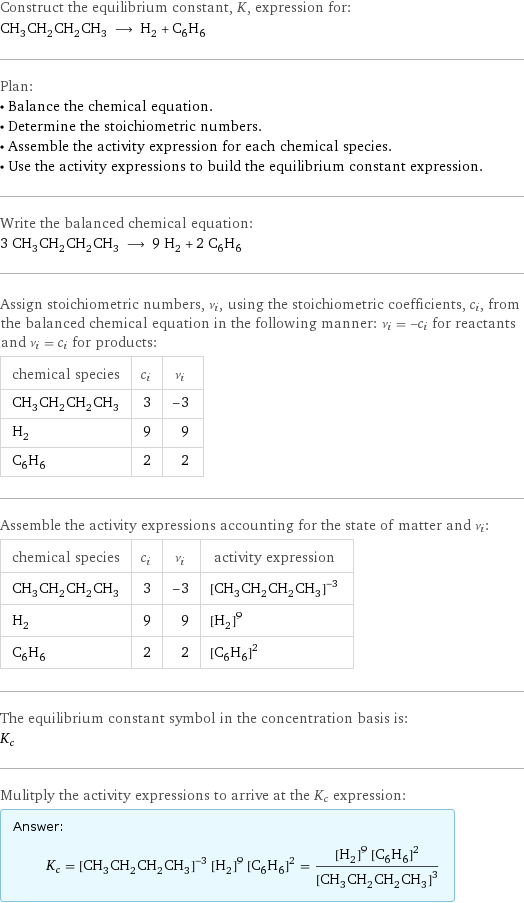 Construct the equilibrium constant, K, expression for: CH_3CH_2CH_2CH_3 ⟶ H_2 + C_6H_6 Plan: • Balance the chemical equation. • Determine the stoichiometric numbers. • Assemble the activity expression for each chemical species. • Use the activity expressions to build the equilibrium constant expression. Write the balanced chemical equation: 3 CH_3CH_2CH_2CH_3 ⟶ 9 H_2 + 2 C_6H_6 Assign stoichiometric numbers, ν_i, using the stoichiometric coefficients, c_i, from the balanced chemical equation in the following manner: ν_i = -c_i for reactants and ν_i = c_i for products: chemical species | c_i | ν_i CH_3CH_2CH_2CH_3 | 3 | -3 H_2 | 9 | 9 C_6H_6 | 2 | 2 Assemble the activity expressions accounting for the state of matter and ν_i: chemical species | c_i | ν_i | activity expression CH_3CH_2CH_2CH_3 | 3 | -3 | ([CH3CH2CH2CH3])^(-3) H_2 | 9 | 9 | ([H2])^9 C_6H_6 | 2 | 2 | ([C6H6])^2 The equilibrium constant symbol in the concentration basis is: K_c Mulitply the activity expressions to arrive at the K_c expression: Answer: |   | K_c = ([CH3CH2CH2CH3])^(-3) ([H2])^9 ([C6H6])^2 = (([H2])^9 ([C6H6])^2)/([CH3CH2CH2CH3])^3