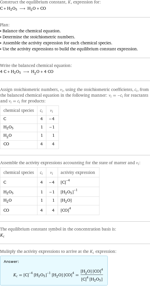 Construct the equilibrium constant, K, expression for: C + H2O5 ⟶ H_2O + CO Plan: • Balance the chemical equation. • Determine the stoichiometric numbers. • Assemble the activity expression for each chemical species. • Use the activity expressions to build the equilibrium constant expression. Write the balanced chemical equation: 4 C + H2O5 ⟶ H_2O + 4 CO Assign stoichiometric numbers, ν_i, using the stoichiometric coefficients, c_i, from the balanced chemical equation in the following manner: ν_i = -c_i for reactants and ν_i = c_i for products: chemical species | c_i | ν_i C | 4 | -4 H2O5 | 1 | -1 H_2O | 1 | 1 CO | 4 | 4 Assemble the activity expressions accounting for the state of matter and ν_i: chemical species | c_i | ν_i | activity expression C | 4 | -4 | ([C])^(-4) H2O5 | 1 | -1 | ([H2O5])^(-1) H_2O | 1 | 1 | [H2O] CO | 4 | 4 | ([CO])^4 The equilibrium constant symbol in the concentration basis is: K_c Mulitply the activity expressions to arrive at the K_c expression: Answer: |   | K_c = ([C])^(-4) ([H2O5])^(-1) [H2O] ([CO])^4 = ([H2O] ([CO])^4)/(([C])^4 [H2O5])