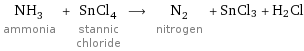 NH_3 ammonia + SnCl_4 stannic chloride ⟶ N_2 nitrogen + SnCl3 + H2Cl