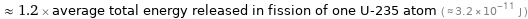  ≈ 1.2 × average total energy released in fission of one U-235 atom ( ≈ 3.2×10^-11 J )