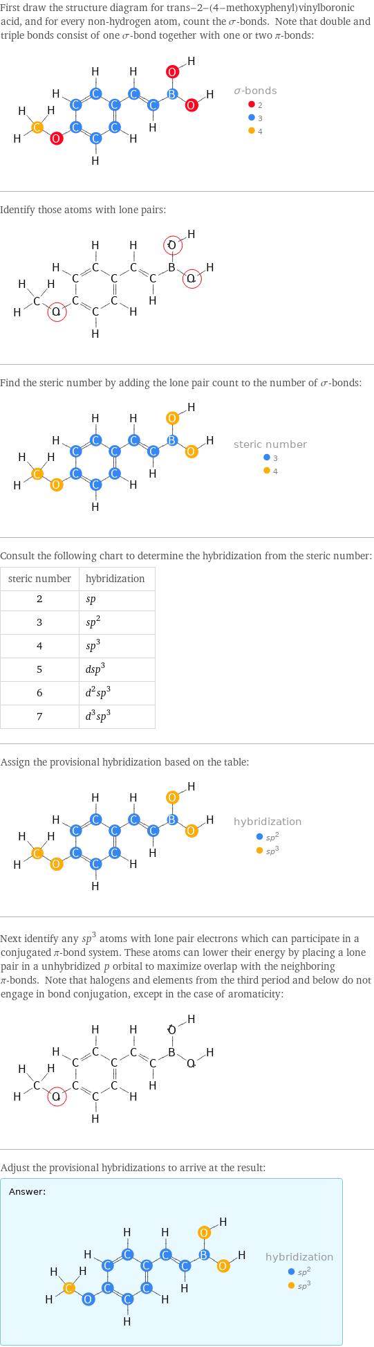 First draw the structure diagram for trans-2-(4-methoxyphenyl)vinylboronic acid, and for every non-hydrogen atom, count the σ-bonds. Note that double and triple bonds consist of one σ-bond together with one or two π-bonds:  Identify those atoms with lone pairs:  Find the steric number by adding the lone pair count to the number of σ-bonds:  Consult the following chart to determine the hybridization from the steric number: steric number | hybridization 2 | sp 3 | sp^2 4 | sp^3 5 | dsp^3 6 | d^2sp^3 7 | d^3sp^3 Assign the provisional hybridization based on the table:  Next identify any sp^3 atoms with lone pair electrons which can participate in a conjugated π-bond system. These atoms can lower their energy by placing a lone pair in a unhybridized p orbital to maximize overlap with the neighboring π-bonds. Note that halogens and elements from the third period and below do not engage in bond conjugation, except in the case of aromaticity:  Adjust the provisional hybridizations to arrive at the result: Answer: |   | 