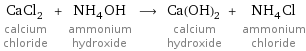 CaCl_2 calcium chloride + NH_4OH ammonium hydroxide ⟶ Ca(OH)_2 calcium hydroxide + NH_4Cl ammonium chloride