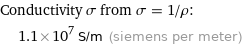 Conductivity σ from σ = 1/ρ:  | 1.1×10^7 S/m (siemens per meter)