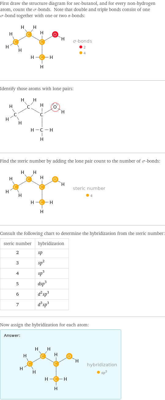 First draw the structure diagram for sec-butanol, and for every non-hydrogen atom, count the σ-bonds. Note that double and triple bonds consist of one σ-bond together with one or two π-bonds:  Identify those atoms with lone pairs:  Find the steric number by adding the lone pair count to the number of σ-bonds:  Consult the following chart to determine the hybridization from the steric number: steric number | hybridization 2 | sp 3 | sp^2 4 | sp^3 5 | dsp^3 6 | d^2sp^3 7 | d^3sp^3 Now assign the hybridization for each atom: Answer: |   | 