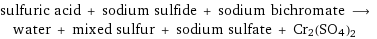 sulfuric acid + sodium sulfide + sodium bichromate ⟶ water + mixed sulfur + sodium sulfate + Cr2(SO4)2