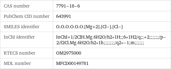 CAS number | 7791-18-6 PubChem CID number | 643991 SMILES identifier | O.O.O.O.O.O.[Mg+2].[Cl-].[Cl-] InChI identifier | InChI=1/2ClH.Mg.6H2O/h2*1H;;6*1H2/q;;+2;;;;;;/p-2/f2Cl.Mg.6H2O/h2*1h;;;;;;;/q2*-1;m;;;;;; RTECS number | OM2975000 MDL number | MFCD00149781