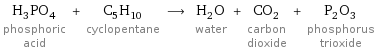 H_3PO_4 phosphoric acid + C_5H_10 cyclopentane ⟶ H_2O water + CO_2 carbon dioxide + P_2O_3 phosphorus trioxide