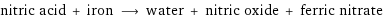 nitric acid + iron ⟶ water + nitric oxide + ferric nitrate