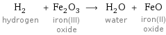 H_2 hydrogen + Fe_2O_3 iron(III) oxide ⟶ H_2O water + FeO iron(II) oxide