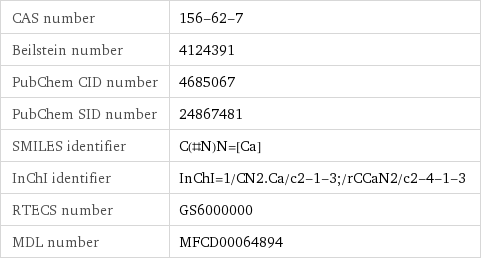 CAS number | 156-62-7 Beilstein number | 4124391 PubChem CID number | 4685067 PubChem SID number | 24867481 SMILES identifier | C(#N)N=[Ca] InChI identifier | InChI=1/CN2.Ca/c2-1-3;/rCCaN2/c2-4-1-3 RTECS number | GS6000000 MDL number | MFCD00064894