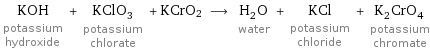 KOH potassium hydroxide + KClO_3 potassium chlorate + KCrO2 ⟶ H_2O water + KCl potassium chloride + K_2CrO_4 potassium chromate
