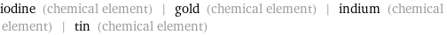 iodine (chemical element) | gold (chemical element) | indium (chemical element) | tin (chemical element)