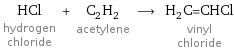 HCl hydrogen chloride + C_2H_2 acetylene ⟶ H_2C=CHCl vinyl chloride