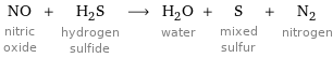 NO nitric oxide + H_2S hydrogen sulfide ⟶ H_2O water + S mixed sulfur + N_2 nitrogen