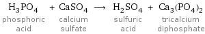 H_3PO_4 phosphoric acid + CaSO_4 calcium sulfate ⟶ H_2SO_4 sulfuric acid + Ca_3(PO_4)_2 tricalcium diphosphate