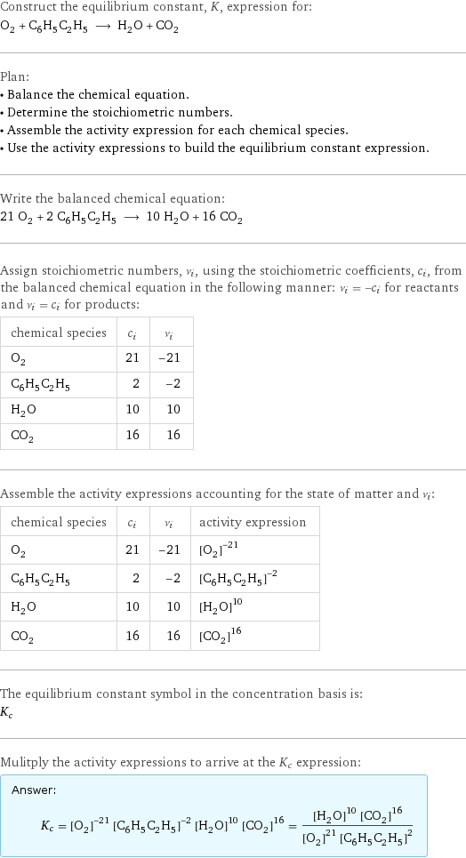 Construct the equilibrium constant, K, expression for: O_2 + C_6H_5C_2H_5 ⟶ H_2O + CO_2 Plan: • Balance the chemical equation. • Determine the stoichiometric numbers. • Assemble the activity expression for each chemical species. • Use the activity expressions to build the equilibrium constant expression. Write the balanced chemical equation: 21 O_2 + 2 C_6H_5C_2H_5 ⟶ 10 H_2O + 16 CO_2 Assign stoichiometric numbers, ν_i, using the stoichiometric coefficients, c_i, from the balanced chemical equation in the following manner: ν_i = -c_i for reactants and ν_i = c_i for products: chemical species | c_i | ν_i O_2 | 21 | -21 C_6H_5C_2H_5 | 2 | -2 H_2O | 10 | 10 CO_2 | 16 | 16 Assemble the activity expressions accounting for the state of matter and ν_i: chemical species | c_i | ν_i | activity expression O_2 | 21 | -21 | ([O2])^(-21) C_6H_5C_2H_5 | 2 | -2 | ([C6H5C2H5])^(-2) H_2O | 10 | 10 | ([H2O])^10 CO_2 | 16 | 16 | ([CO2])^16 The equilibrium constant symbol in the concentration basis is: K_c Mulitply the activity expressions to arrive at the K_c expression: Answer: |   | K_c = ([O2])^(-21) ([C6H5C2H5])^(-2) ([H2O])^10 ([CO2])^16 = (([H2O])^10 ([CO2])^16)/(([O2])^21 ([C6H5C2H5])^2)