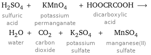 H_2SO_4 sulfuric acid + KMnO_4 potassium permanganate + HOOCRCOOH dicarboxylic acid ⟶ H_2O water + CO_2 carbon dioxide + K_2SO_4 potassium sulfate + MnSO_4 manganese(II) sulfate