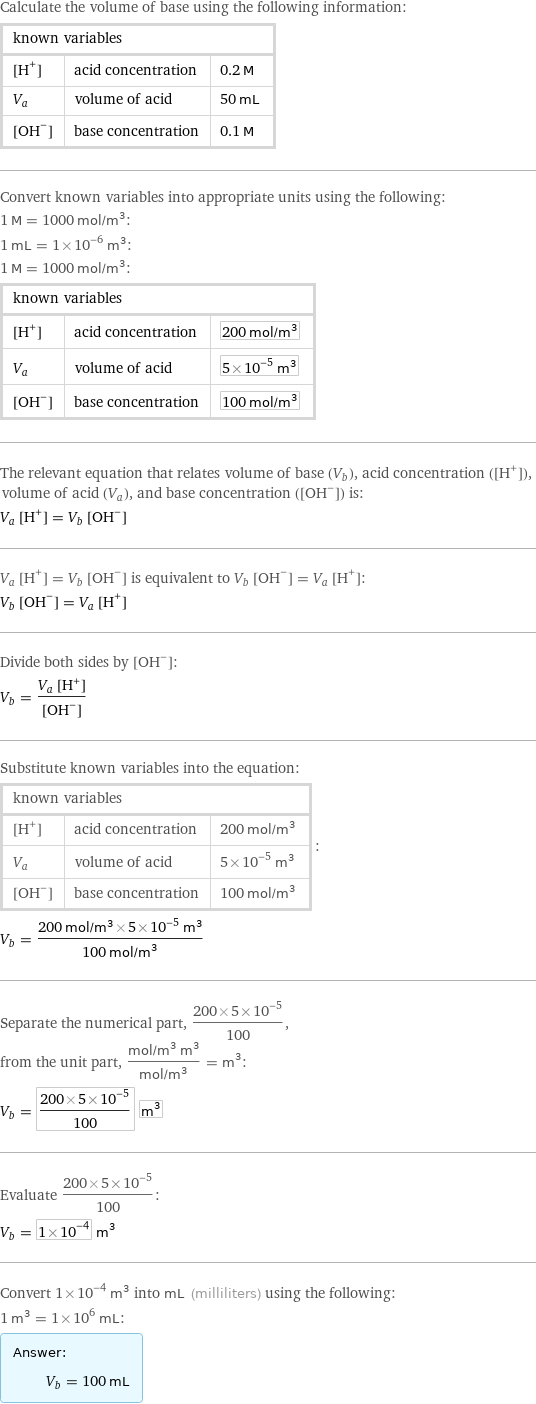 Calculate the volume of base using the following information: known variables | |  [H^+] | acid concentration | 0.2 M V_a | volume of acid | 50 mL [OH^-] | base concentration | 0.1 M Convert known variables into appropriate units using the following: 1 M = 1000 mol/m^3: 1 mL = 1×10^-6 m^3: 1 M = 1000 mol/m^3: known variables | |  [H^+] | acid concentration | 200 mol/m^3 V_a | volume of acid | 5×10^-5 m^3 [OH^-] | base concentration | 100 mol/m^3 The relevant equation that relates volume of base (V_b), acid concentration ([H^+]), volume of acid (V_a), and base concentration ([OH^-]) is: V_a [H^+] = V_b [OH^-] V_a [H^+] = V_b [OH^-] is equivalent to V_b [OH^-] = V_a [H^+]: V_b [OH^-] = V_a [H^+] Divide both sides by [OH^-]: V_b = (V_a [H^+])/([OH^-]) Substitute known variables into the equation: known variables | |  [H^+] | acid concentration | 200 mol/m^3 V_a | volume of acid | 5×10^-5 m^3 [OH^-] | base concentration | 100 mol/m^3 | : V_b = (200 mol/m^3×5×10^-5 m^3)/(100 mol/m^3) Separate the numerical part, (200×5×10^-5)/100, from the unit part, (mol/m^3 m^3)/(mol/m^3) = m^3: V_b = (200×5×10^-5)/100 m^3 Evaluate (200×5×10^-5)/100: V_b = 1×10^-4 m^3 Convert 1×10^-4 m^3 into mL (milliliters) using the following: 1 m^3 = 1×10^6 mL: Answer: |   | V_b = 100 mL