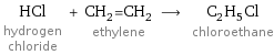 HCl hydrogen chloride + CH_2=CH_2 ethylene ⟶ C_2H_5Cl chloroethane